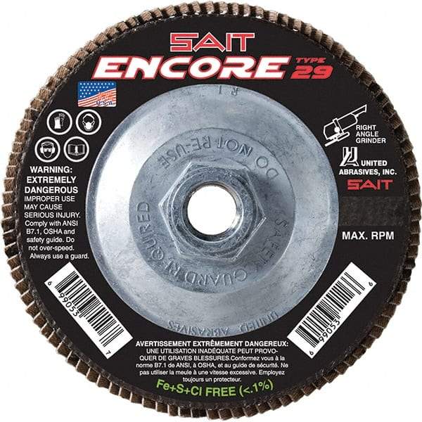 Sait - 40 Grit, 7" Disc Diam, 5/8-11 Center Hole, Type 27 Zirconia Alumina Flap Disc - 8,500 Max RPM, Fiberglass Backing, Arbor Attaching System, Coated - Americas Industrial Supply