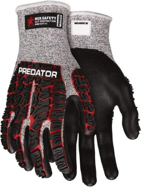 MCR Safety - Size M (8), ANSI Cut Lvl A3, Puncture Lvl 4, Abrasion Lvl 4, Nitrile Coated HPPE Fiber Cut Resistant Gloves - Palm & Fingers Coated, Knit Wrist, Salt & Pepper/Red/Black, Paired - Americas Industrial Supply