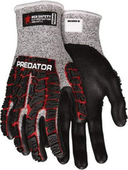 MCR Safety - Size M (8), ANSI Cut Lvl A3, Puncture Lvl 4, Abrasion Lvl 4, Nitrile Coated HPPE Fiber Cut Resistant Gloves - Palm & Fingers Coated, Knit Wrist, Salt & Pepper/Red/Black, Paired - Americas Industrial Supply