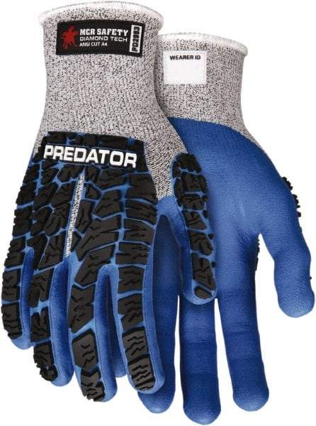 MCR Safety - Size 2XL (11), ANSI Cut Lvl A4, Nitrile Coated Dyneema Diamond HPPE liner Cut Resistant Gloves - Palm & Fingers Coated, EVA Foam Lining, Knit Wrist, Salt & Pepper/Blue/Black, Paired - Americas Industrial Supply