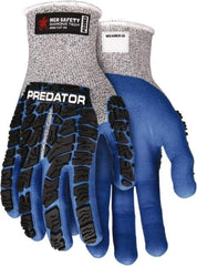 MCR Safety - Size XL (10), ANSI Cut Lvl A4, Nitrile Coated Dyneema Diamond HPPE liner Cut Resistant Gloves - Palm & Fingers Coated, EVA Foam Lining, Knit Wrist, Salt & Pepper/Blue/Black, Paired - Americas Industrial Supply