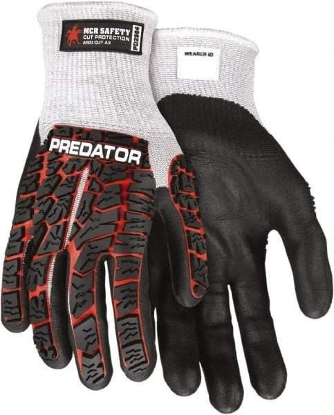 MCR Safety - Size L (9), ANSI Cut Lvl A8, Puncture Lvl 4, Abrasion Lvl 3, Nitrile Coated HPPE Fiber Cut Resistant Gloves - Palm & Fingers Coated, EVA Foam Lining, Knit Wrist, Salt & Pepper/Red/Black, Paired - Americas Industrial Supply
