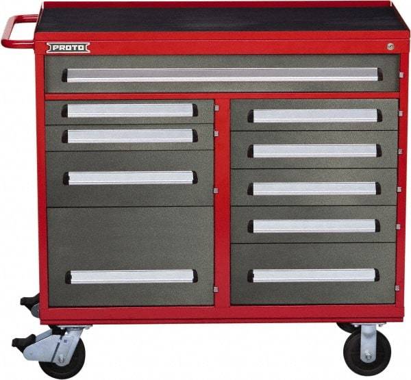 Proto - 10 Drawer Steel Tool Roller Cabinet - 45" Wide x 42-1/2" High x 21-3/8" Deep, Ball Bearing Drawer Slides, Safety Red/Gray - Americas Industrial Supply