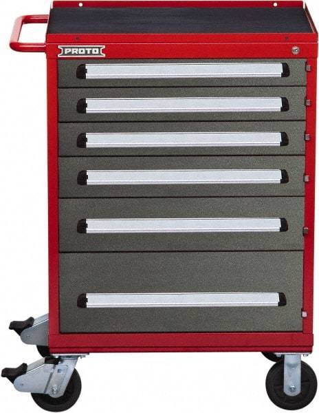 Proto - 6 Drawer Steel Tool Roller Cabinet - 30" Wide x 42-1/2" High x 21-3/8" Deep, Ball Bearing Drawer Slides, Safety Red/Gray - Americas Industrial Supply