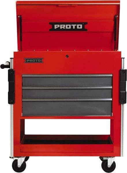 Proto - 3 Drawer Steel Tool Roller Cabinet - 37" Wide x 43" High x 20" Deep, Ball Bearing Drawer Slides, Safety Red/Gray - Americas Industrial Supply