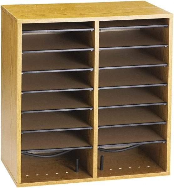 Safco - 19-1/2" Wide x 21" High x 11-3/4" Deep Laminated Compressed Wood Document Organizer - 16 Compartments, Medium Oak, 9" Wide x 2-1/4" High x 11-1/2" Deep Compartment - Americas Industrial Supply