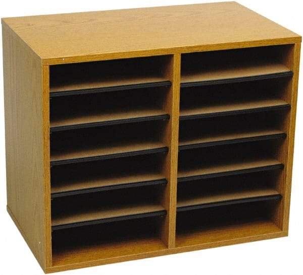 Safco - 19-1/2" Wide x 16" High x 12" Deep Fiberboard, Hardboard & Laminated Compressed Wood Document Organizer - 12 Compartments, Medium Oak, 9" Wide x 2-3/8" High x 11-1/2" Deep Compartment - Americas Industrial Supply