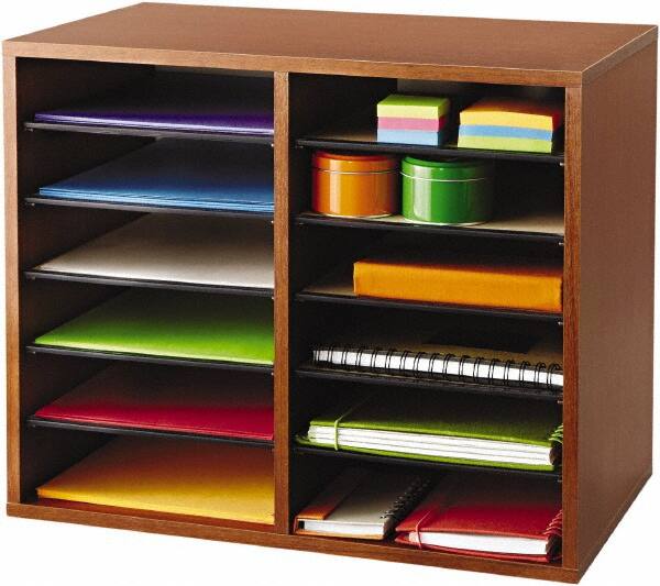 Safco - 19-1/2" Wide x 16" High x 12" Deep Fiberboard, Hardboard & Laminated Compressed Wood Document Organizer - 12 Compartments, Cherry, 9" Wide x 2-3/8" High x 11-1/2" Deep Compartment - Americas Industrial Supply