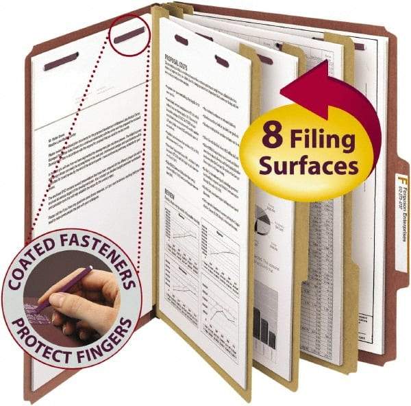 SMEAD - 8-1/2 x 11", Letter Size, Red, Classification Folders with Top Tab Fastener - 25 Point Stock, Right of Center Tab Cut Location - Americas Industrial Supply