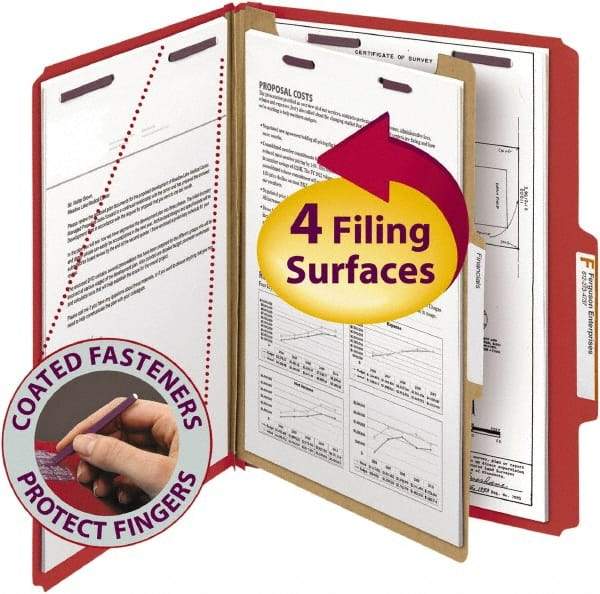 SMEAD - 8-1/2 x 11", Letter Size, Bright Red, Classification Folders with Top Tab Fastener - 23 Point Stock, Right of Center Tab Cut Location - Americas Industrial Supply