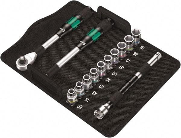 Wera - 13 Piece 1/2" Drive Thin Wall Standard Socket Set - 6 Points, 10 to 19mm, Metric Measurement Standard - Americas Industrial Supply