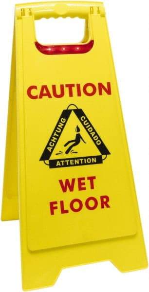 O-Cedar - Caution - Cuidado - Wet Floor - Piso Mojado, 12" Wide x 25" High, Plastic Floor Sign - English/Spanish, A-Frame, Red & Black on Yellow, For Accident Prevention - Americas Industrial Supply
