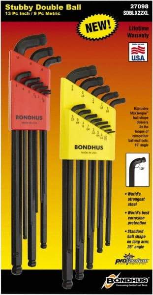 Bondhus - 22 Piece, L-Wrench Ball End Hex Key Set - 0.05 to 3/8" Range, 3.16" OAL, - Americas Industrial Supply