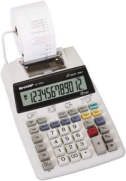 Sharp - LCD Printing Calculator - 5-7/8 x 8-7/8 Display Size, White, AC & Battery Powered, 3" Long x 6.4" Wide - Americas Industrial Supply