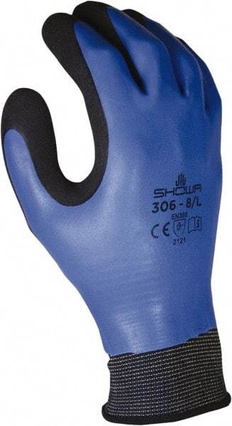 SHOWA - Size L (8-9) Latex Coated Nylon Blend Work Gloves - For General Purpose, Palm & Back Coated, Knit Wrist Cuff, Full Fingered, Black/Blue, Paired - Americas Industrial Supply