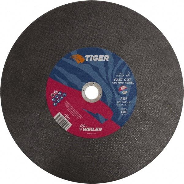 Weiler - 14" 36 Grit Aluminum Oxide Cutoff Wheel - 3/32" Thick, 1" Arbor, 4,400 Max RPM, Use with Chop Saws - Americas Industrial Supply