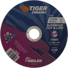 Weiler - 6" 60 Grit Ceramic Cutoff Wheel - 0.045" Thick, 7/8" Arbor, 10,200 Max RPM, Use with Angle Grinders - Americas Industrial Supply