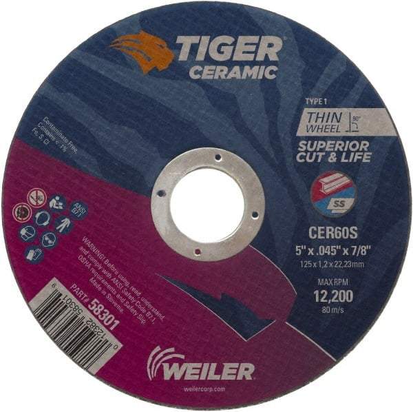 Weiler - 5" 60 Grit Ceramic Cutoff Wheel - 0.045" Thick, 7/8" Arbor, 12,200 Max RPM, Use with Angle Grinders - Americas Industrial Supply