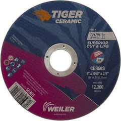 Weiler - 5" 60 Grit Ceramic Cutoff Wheel - 0.045" Thick, 7/8" Arbor, 12,200 Max RPM, Use with Angle Grinders - Americas Industrial Supply