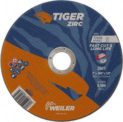 Weiler - 7" 60 Grit Zirconia Alumina Cutoff Wheel - 0.06" Thick, 7/8" Arbor, 8,500 Max RPM, Use with Angle Grinders - Americas Industrial Supply