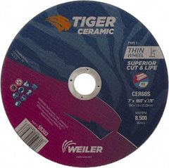 Weiler - 7" 60 Grit Ceramic Cutoff Wheel - 0.06" Thick, 7/8" Arbor, 8,500 Max RPM, Use with Angle Grinders - Americas Industrial Supply