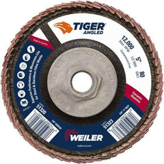 Weiler - 80 Grit, 5" Disc Diam, 5/8-11 Center Hole, Type 27 Ceramic Alumina Flap Disc - 12,000 Max RPM, Phenolic Backing, Arbor Attaching System, Coated - Americas Industrial Supply
