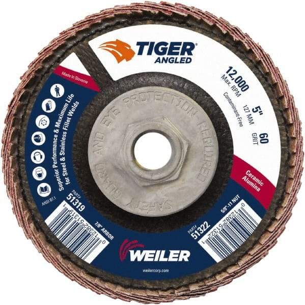Weiler - 60 Grit, 5" Disc Diam, 5/8-11 Center Hole, Type 27 Ceramic Alumina Flap Disc - 12,000 Max RPM, Phenolic Backing, Arbor Attaching System, Coated - Americas Industrial Supply