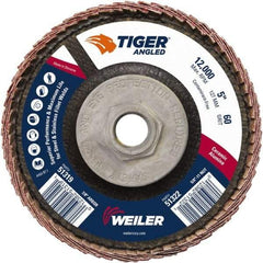 Weiler - 60 Grit, 5" Disc Diam, 5/8-11 Center Hole, Type 27 Ceramic Alumina Flap Disc - 12,000 Max RPM, Phenolic Backing, Arbor Attaching System, Coated - Americas Industrial Supply