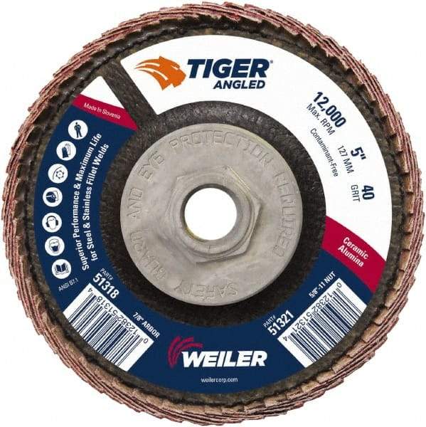 Weiler - 40 Grit, 5" Disc Diam, 5/8-11 Center Hole, Type 27 Ceramic Alumina Flap Disc - 12,000 Max RPM, Phenolic Backing, Arbor Attaching System, Coated - Americas Industrial Supply
