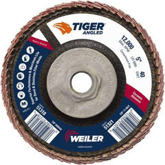 Weiler - 40 Grit, 5" Disc Diam, 5/8-11 Center Hole, Type 27 Ceramic Alumina Flap Disc - 12,000 Max RPM, Phenolic Backing, Arbor Attaching System, Coated - Americas Industrial Supply
