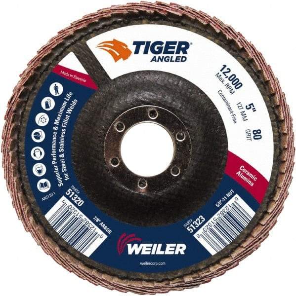 Weiler - 80 Grit, 5" Disc Diam, 7/8" Center Hole, Type 27 Ceramic Alumina Flap Disc - 12,000 Max RPM, Phenolic Backing, Arbor Attaching System, Coated - Americas Industrial Supply