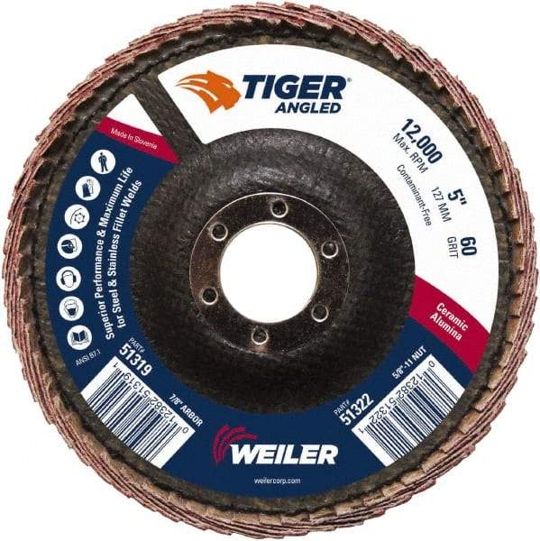 Weiler - 60 Grit, 5" Disc Diam, 7/8" Center Hole, Type 27 Ceramic Alumina Flap Disc - 12,000 Max RPM, Phenolic Backing, Quick Change Type S Attaching System, Coated - Americas Industrial Supply