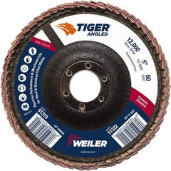 Weiler - 60 Grit, 5" Disc Diam, 7/8" Center Hole, Type 27 Ceramic Alumina Flap Disc - 12,000 Max RPM, Phenolic Backing, Quick Change Type S Attaching System, Coated - Americas Industrial Supply