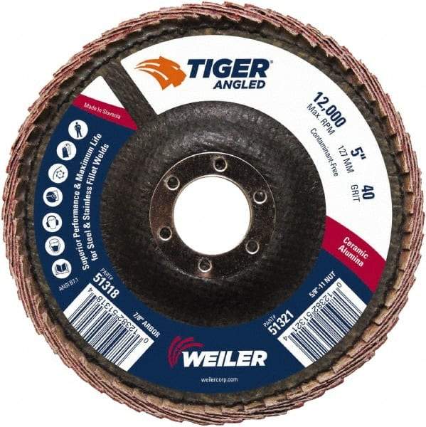 Weiler - 40 Grit, 5" Disc Diam, 7/8" Center Hole, Type 27 Ceramic Alumina Flap Disc - 12,000 Max RPM, Phenolic Backing, Arbor Attaching System, Coated - Americas Industrial Supply