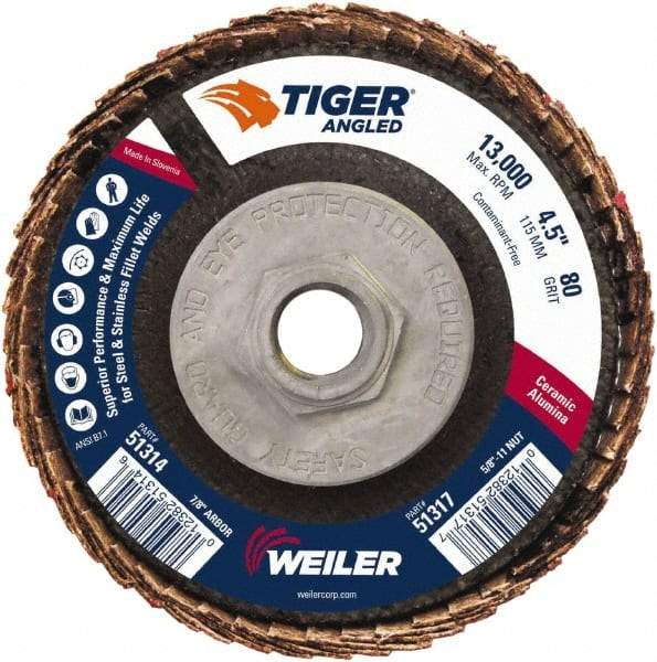 Weiler - 80 Grit, 4-1/2" Disc Diam, 5/8-11 Center Hole, Type 27 Ceramic Alumina Flap Disc - 13,000 Max RPM, Phenolic Backing, Arbor Attaching System, Coated - Americas Industrial Supply