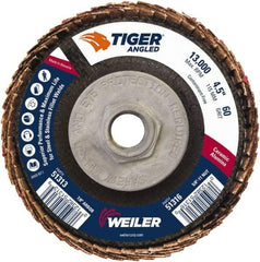 Weiler - 40 Grit, 4-1/2" Disc Diam, 5/8-11 Center Hole, Type 27 Ceramic Alumina Flap Disc - 13,000 Max RPM, Phenolic Backing, Arbor Attaching System, Coated - Americas Industrial Supply
