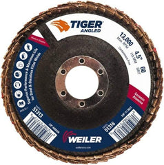 Weiler - 60 Grit, 4-1/2" Disc Diam, 7/8" Center Hole, Type 27 Ceramic Alumina Flap Disc - 13,000 Max RPM, Phenolic Backing, Quick Change Type S Attaching System, Coated - Americas Industrial Supply