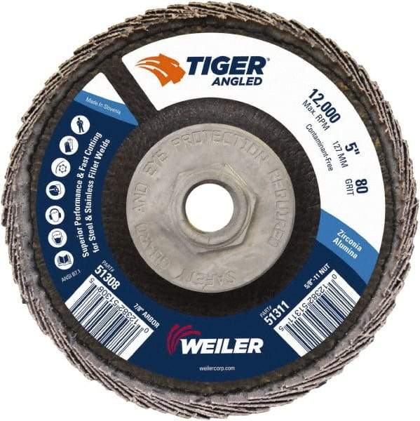 Weiler - 80 Grit, 5" Disc Diam, 5/8-11 Center Hole, Type 27 Zirconia Alumina Flap Disc - 12,000 Max RPM, Phenolic Backing, Arbor Attaching System, Coated - Americas Industrial Supply