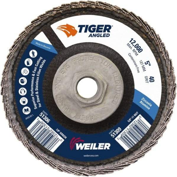 Weiler - 40 Grit, 5" Disc Diam, 5/8-11 Center Hole, Type 27 Zirconia Alumina Flap Disc - 12,000 Max RPM, Phenolic Backing, Arbor Attaching System, Coated - Americas Industrial Supply