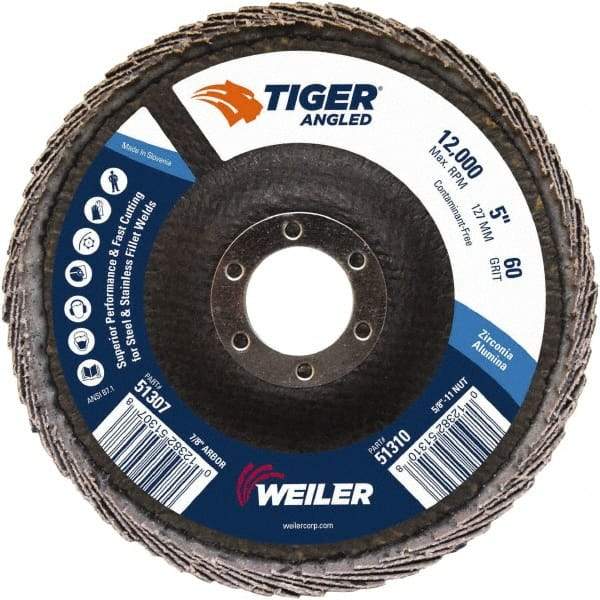 Weiler - 60 Grit, 5" Disc Diam, 7/8" Center Hole, Type 27 Zirconia Alumina Flap Disc - 12,000 Max RPM, Phenolic Backing, Quick Change Type S Attaching System, Coated - Americas Industrial Supply
