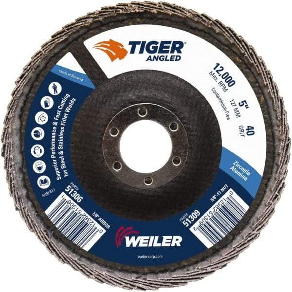 Weiler - 40 Grit, 5" Disc Diam, 7/8" Center Hole, Type 27 Zirconia Alumina Flap Disc - 12,000 Max RPM, Phenolic Backing, Arbor Attaching System, Coated - Americas Industrial Supply