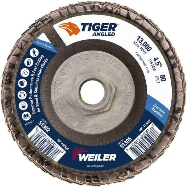 Weiler - 80 Grit, 4-1/2" Disc Diam, 5/8-11 Center Hole, Type 27 Zirconia Alumina Flap Disc - 13,000 Max RPM, Phenolic Backing, Arbor Attaching System, Coated - Americas Industrial Supply