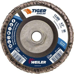 Weiler - 80 Grit, 4-1/2" Disc Diam, 5/8-11 Center Hole, Type 27 Zirconia Alumina Flap Disc - 13,000 Max RPM, Phenolic Backing, Arbor Attaching System, Coated - Americas Industrial Supply