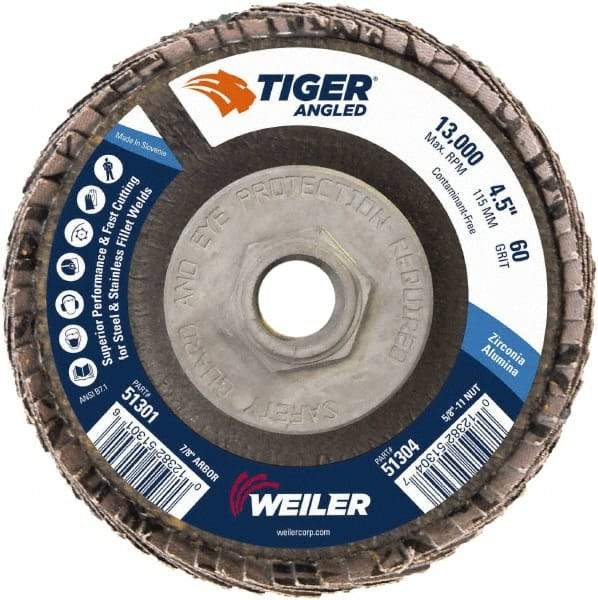 Weiler - 60 Grit, 4-1/2" Disc Diam, 5/8-11 Center Hole, Type 27 Zirconia Alumina Flap Disc - 13,000 Max RPM, Phenolic Backing, Arbor Attaching System, Coated - Americas Industrial Supply