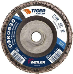 Weiler - 60 Grit, 4-1/2" Disc Diam, 5/8-11 Center Hole, Type 27 Zirconia Alumina Flap Disc - 13,000 Max RPM, Phenolic Backing, Arbor Attaching System, Coated - Americas Industrial Supply