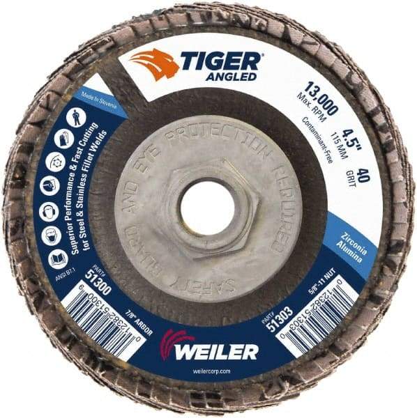 Weiler - 40 Grit, 4-1/2" Disc Diam, 5/8-11 Center Hole, Type 27 Zirconia Alumina Flap Disc - 13,000 Max RPM, Phenolic Backing, Arbor Attaching System, Coated - Americas Industrial Supply