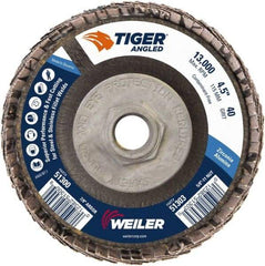 Weiler - 40 Grit, 4-1/2" Disc Diam, 5/8-11 Center Hole, Type 27 Zirconia Alumina Flap Disc - 13,000 Max RPM, Phenolic Backing, Arbor Attaching System, Coated - Americas Industrial Supply