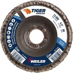 Weiler - 80 Grit, 4-1/2" Disc Diam, 7/8" Center Hole, Type 27 Zirconia Alumina Flap Disc - 13,000 Max RPM, Phenolic Backing, Arbor Attaching System, Coated - Americas Industrial Supply