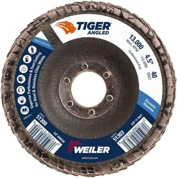 Weiler - 40 Grit, 4-1/2" Disc Diam, 7/8" Center Hole, Type 27 Zirconia Alumina Flap Disc - 13,000 Max RPM, Phenolic Backing, Arbor Attaching System, Coated - Americas Industrial Supply
