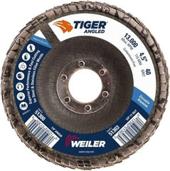 Weiler - 40 Grit, 4-1/2" Disc Diam, 7/8" Center Hole, Type 27 Zirconia Alumina Flap Disc - 13,000 Max RPM, Phenolic Backing, Arbor Attaching System, Coated - Americas Industrial Supply